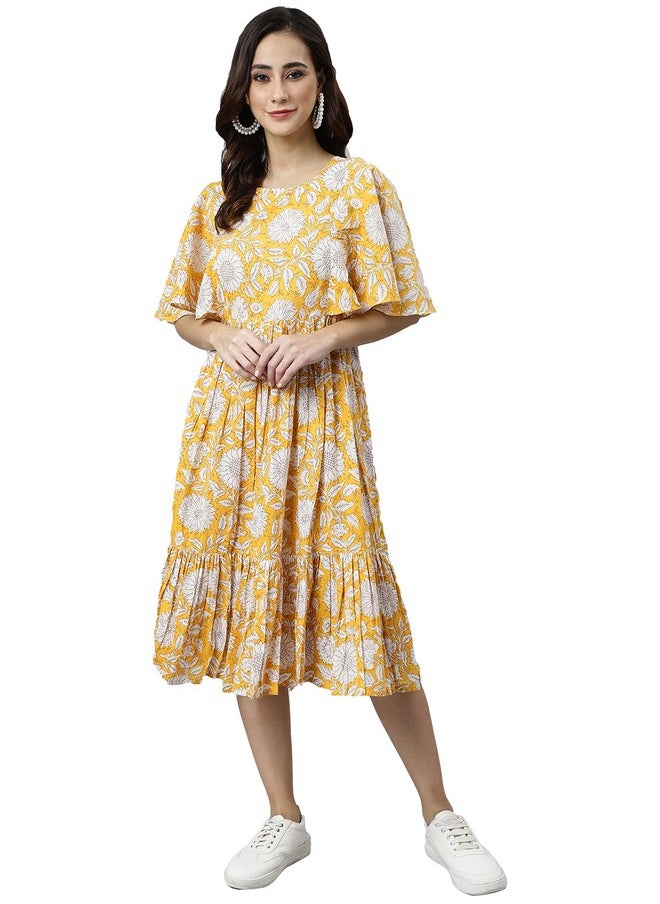Janasya - Janasya Women's Yellow Cotton Floral Print Midi Dress - Image 1