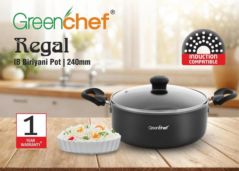 Greenchef Regal Biryani Pot | Stew Pot | Curry & Gravy Pot | 24 cm Diameter 3 LTR Capacity with Glass Lid (Aluminium, Induction Base, PFOA, Nonstick Cookware) - Image 4