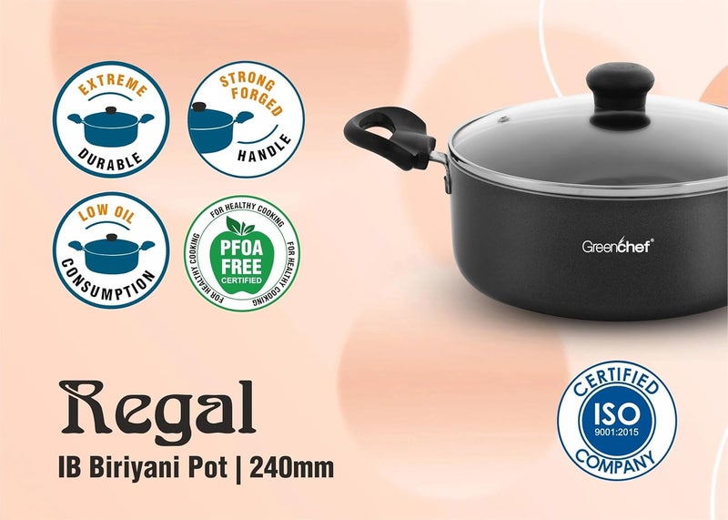 Greenchef Regal Biryani Pot | Stew Pot | Curry & Gravy Pot | 24 cm Diameter 3 LTR Capacity with Glass Lid (Aluminium, Induction Base, PFOA, Nonstick Cookware) - Image 3