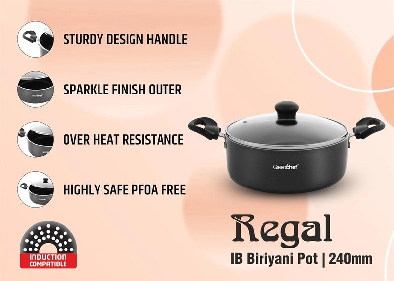 Greenchef Regal Biryani Pot | Stew Pot | Curry & Gravy Pot | 24 cm Diameter 3 LTR Capacity with Glass Lid (Aluminium, Induction Base, PFOA, Nonstick Cookware) - Image 2