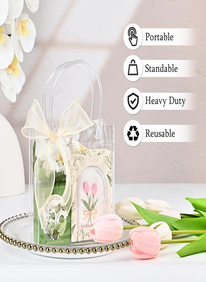 Ohuimrt 50 PCS Clear Plastic Gift Bags with Handles, Reusable Party Favor Bags with Ribbon Transparent Gift Wrap Bags Bulk for Weddings Birthdays, 5.9 x 6.3 x 2.8 Inches - Image 4
