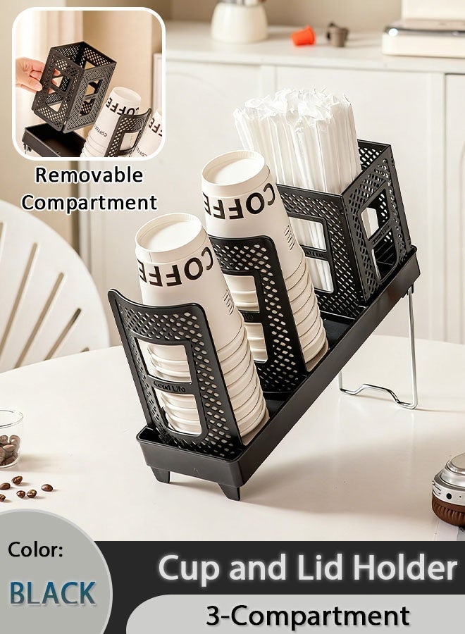 Comysubao Cup and Lid Holder, Disposable Paper Cup Dispenser with Coffee Pod Straw Storage Basket, Countertop Coffee Cup Holder for Coffee Stations, Bars, Break Rooms, Living Rooms, Parties (Black) - Image 1