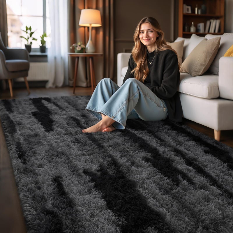 HOMORE 4x6 Area Rug for Bedroom, Black and Grey Fluffy Shaggy Rugs for Living Room, Gradient Abstract Rugs for Kids Boys Girls Room, Plush Rug for Dorm Home Floor Decor - Image 4