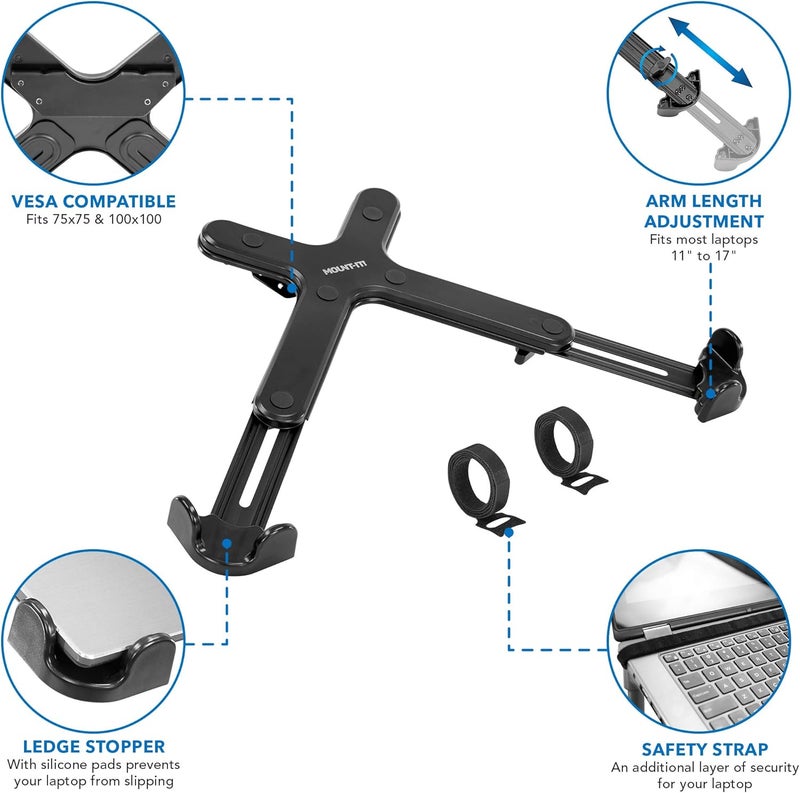Mount-It! Laptop VESA Mount Tray for Monitor Arms – VESA Laptop Tray Fits Up to 17" Notebooks – Adjustable Holder with Safety Strap, Ventilated Cooling Design, and Secure Ledge Stopper (Black) - Image 3