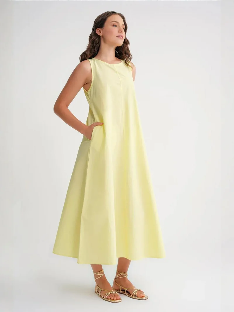 MixRay Lemon Yellow Mixray Relaxed Fit Maxi Dress with Pockets for Women | Best Price UAE