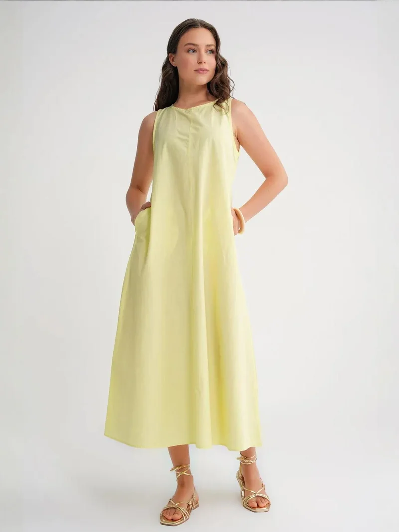 MixRay Lemon Yellow Mixray Relaxed Fit Maxi Dress with Pockets for Women | Best Price UAE