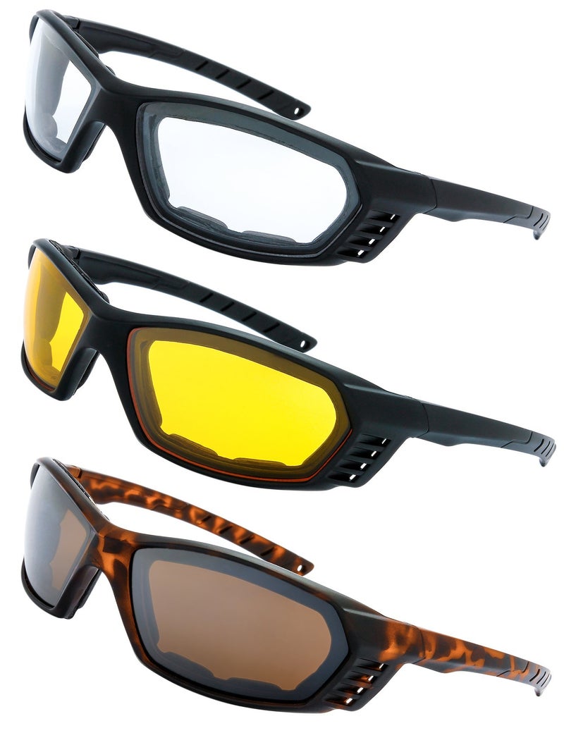 3 Pairs Motorcycle Riding Glasses Padded Frame Lens Block 100 UVBUVB for Outdoor Activity Sport 6Matte BlackTortoise Clear Yellow  Brown