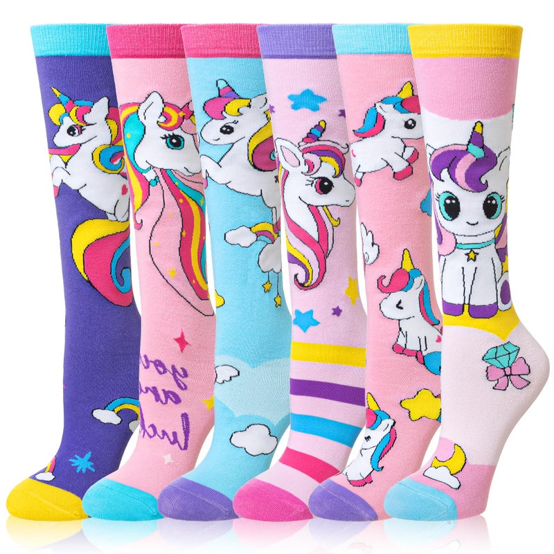 Velice Girls Knee High Socks Kids Long Boot Crazy Silly Tall Fun Gift Cute Animal Cotton Long Socks 6 Pairs(Unicorn) - Image 1