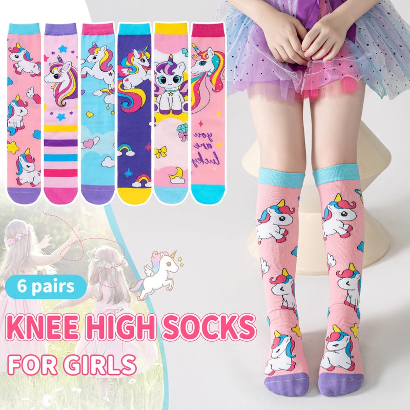 Velice Girls Knee High Socks Kids Long Boot Crazy Silly Tall Fun Gift Cute Animal Cotton Long Socks 6 Pairs(Unicorn) - Image 3