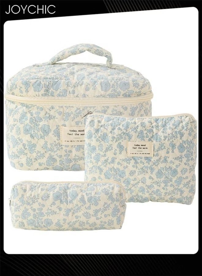 Joychic حقيبة مكياج سفر كبيرة سعة 3 قطع مصنوعة من القطن مزخرفة بنمط الزهور للنساء - Image 1