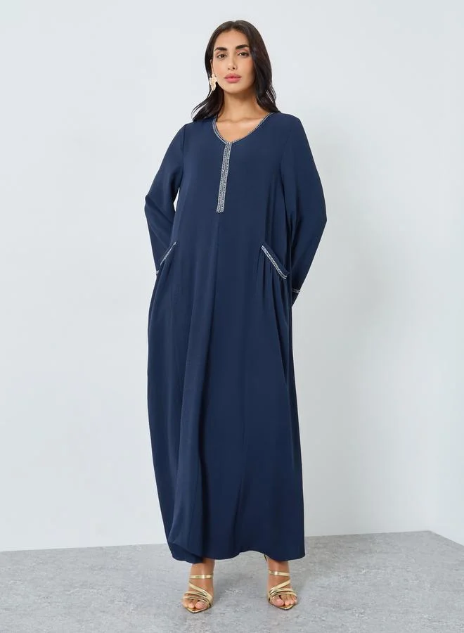 Amirah Navy Blue Lace Detail A-Line Jalabiya