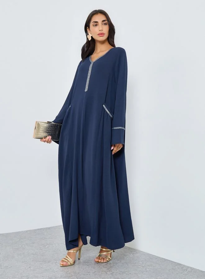 Amirah Navy Blue Lace Detail A-Line Jalabiya