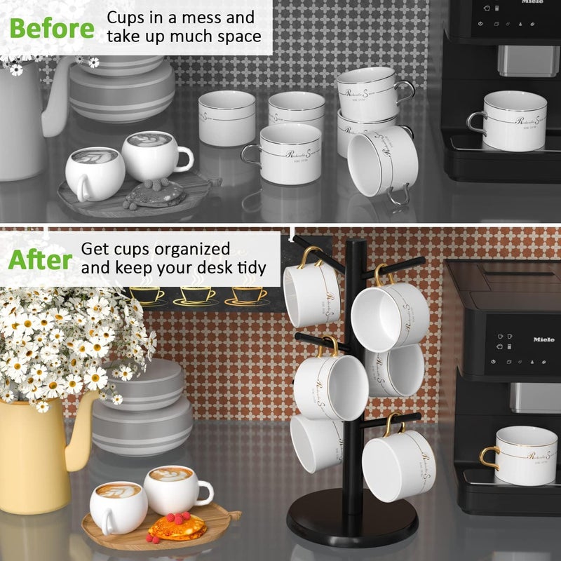 Wisuce Black Coffee Mug Tree, Updated Thick Bamboo Mug Holder Base,Coffee Cup Stand Mug Holders with 6 Hooks for Countertop Cup Rack Organizer Stand (Black) - Image 3