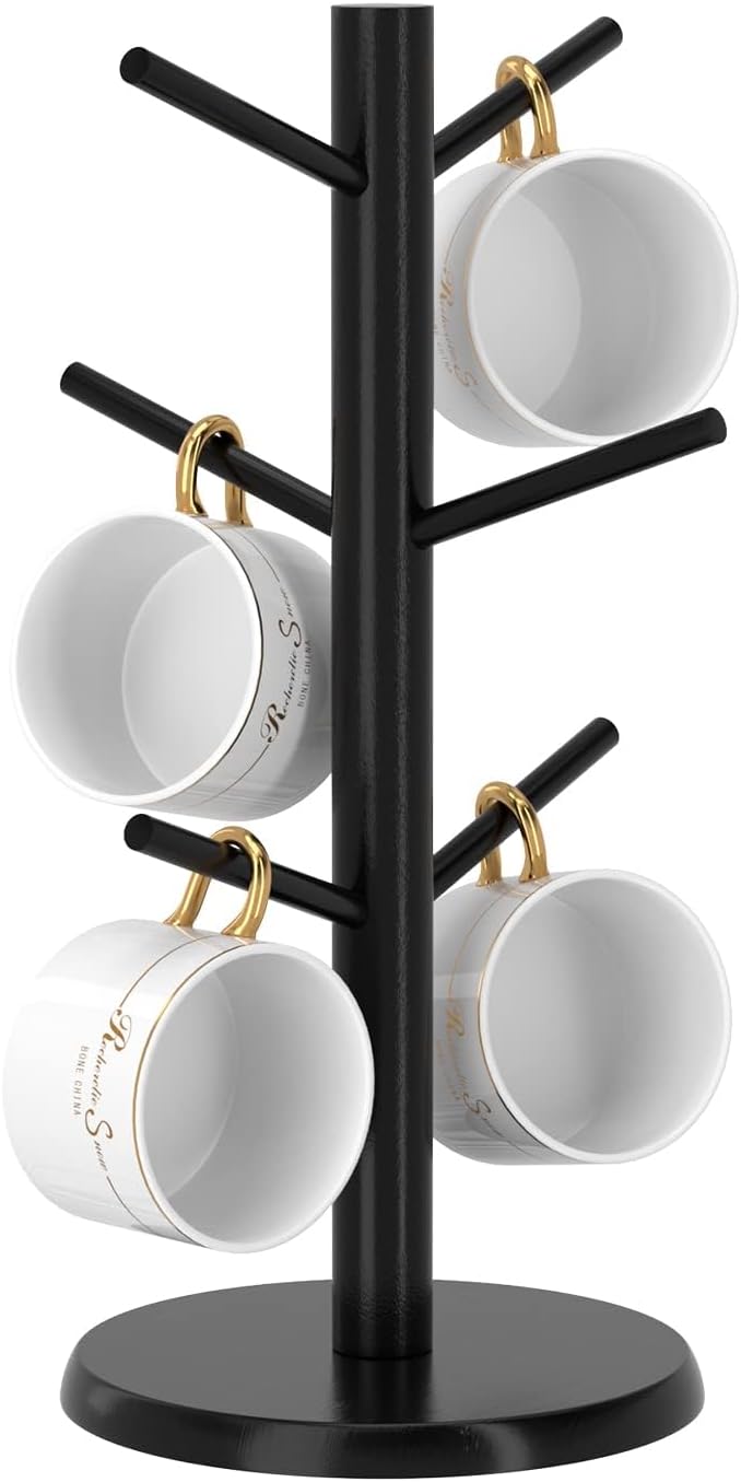 Wisuce Black Coffee Mug Tree, Updated Thick Bamboo Mug Holder Base,Coffee Cup Stand Mug Holders with 6 Hooks for Countertop Cup Rack Organizer Stand (Black) - Image 1
