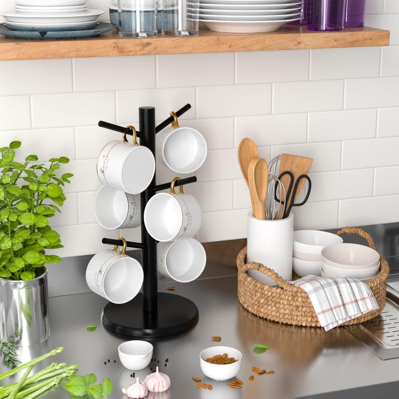 Wisuce Black Coffee Mug Tree, Updated Thick Bamboo Mug Holder Base,Coffee Cup Stand Mug Holders with 6 Hooks for Countertop Cup Rack Organizer Stand (Black) - Image 2