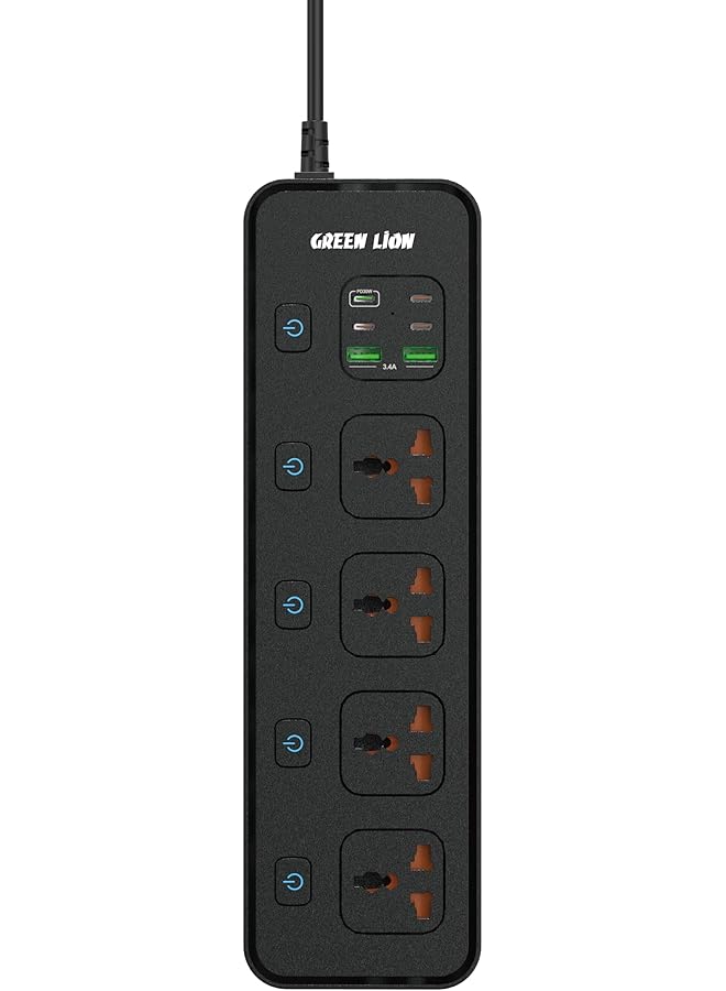 GREEN LION مأخذ طاقة جرين ليون PD30W EU، المملكة المتحدة، الولايات المتحدة، قابس أسترالي، حماية من الشحن الزائد، حماية متعددة، شحن سريع، سلك بطول 2 متر، 4 مأخذ طاقة، 4 منفذ USB-C، 4 منفذ USB-A - أسود - Image 1