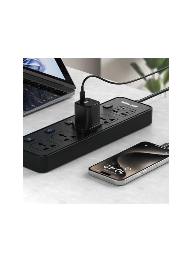 GREEN LION مأخذ طاقة جرين ليون PD30W EU، المملكة المتحدة، الولايات المتحدة، قابس أسترالي، حماية من الشحن الزائد، حماية متعددة، شحن سريع، سلك بطول 2 متر، 4 مأخذ طاقة، 4 منفذ USB-C، 4 منفذ USB-A - أسود - Image 3