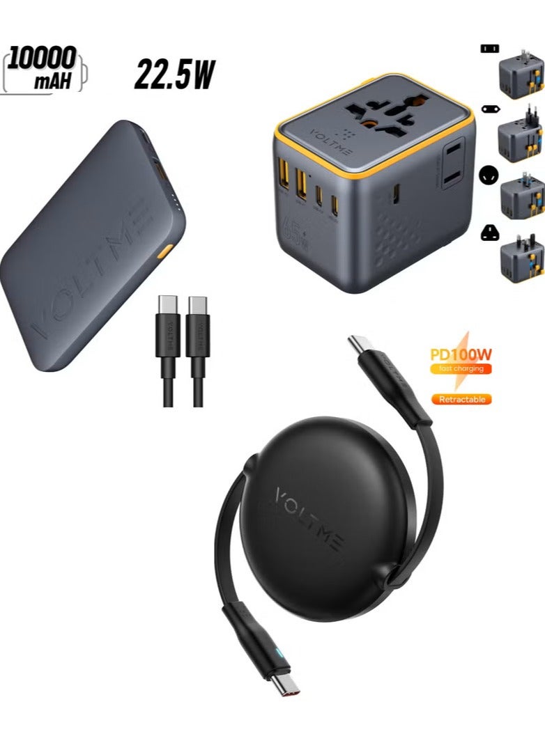 Ultra-Slim 10000mAh Power Bank Battery Pack | 22.5W Fast Charging with PD 3.0 & QC 3.0 | Portable Charger with USB-C & USB-A | 7-in-1 Universal Travel Adapter with 65W GaN Fast Charger | 3 USB-C PD Ports, 2 USB-IQC 4.0 Ports, 2 AC Outputs | Universal Plug Adapter Works N200+ Countries (US/EU/UK/AU) | 5A Retractable Type-C Cable with Power Delivery & E-Marker Chip (1m, 3ft) – Super Fast Charging & Data Sync