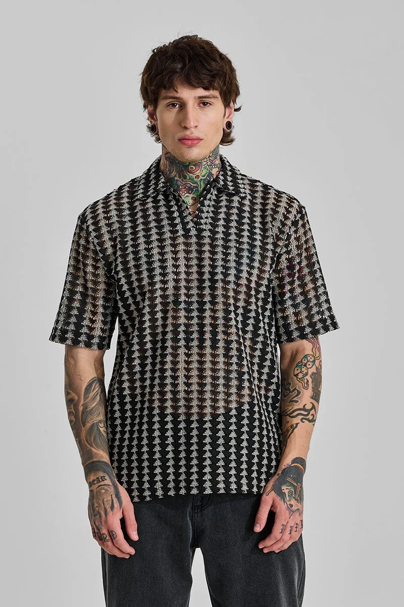 سنيتش Jet Black Geometric Half Sleeve Boxy T-Shirt