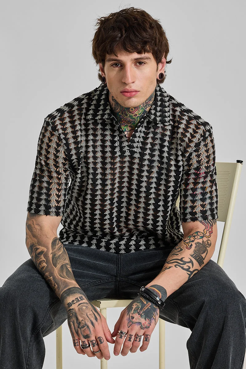 SNITCH Jet Black Geometric Half Sleeve Boxy T-Shirt