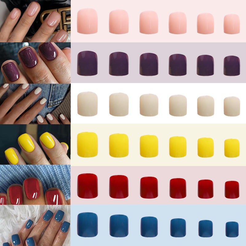 CTTHNBD 144Pcs Press on Nails Square - Short Press on Nails with Solid Color Design - 6 Colors Fake Nails Kit for Women - 12 Sizes - Image 2