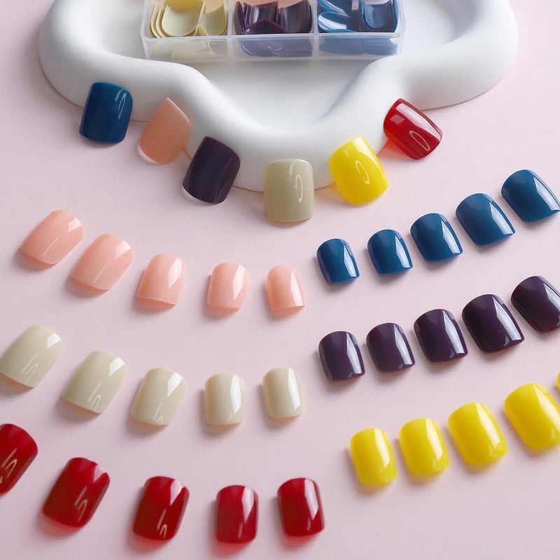 CTTHNBD 144Pcs Press on Nails Square - Short Press on Nails with Solid Color Design - 6 Colors Fake Nails Kit for Women - 12 Sizes - Image 3