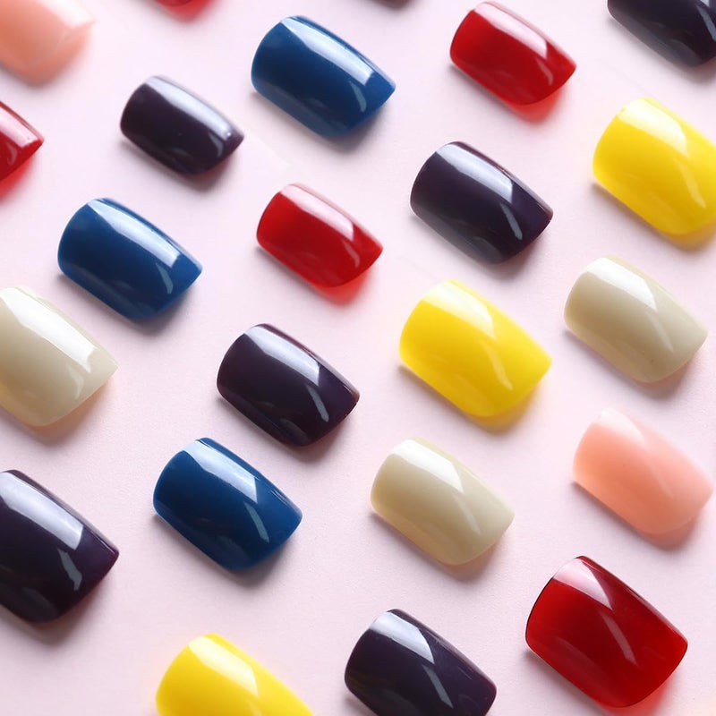 CTTHNBD 144Pcs Press on Nails Square - Short Press on Nails with Solid Color Design - 6 Colors Fake Nails Kit for Women - 12 Sizes - Image 4