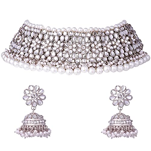 Aheli Elegant Indian Traditional Wedding Wear Kundan Pearl Encrusted Choker Necklace Set with Jhumki Earrings Ethnic Bollywood Party for Women - Image 1