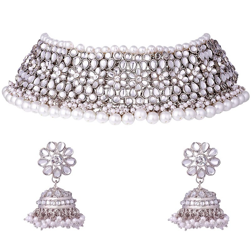 Aheli Elegant Indian Traditional Wedding Wear Kundan Pearl Encrusted Choker Necklace Set with Jhumki Earrings Ethnic Bollywood Party for Women - Image 2