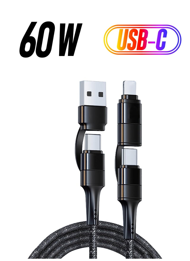 Excefore - USB C Multi Charging Cable, 4FT 60W 4-in-1 USB C to Multi Charging Cable Combo, IP/Type C/USB A Ports Fast Charging Cord, for Laptop/Tablet/Phone and More - Image 1