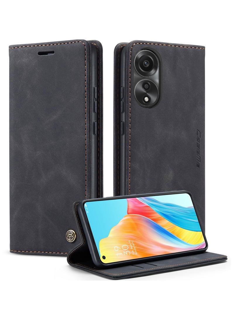 CaseMe Oppo A78 4G Wallet Case Book Folding Flip Folio Case with Magnetic Kickstand Card Slots Protective Cover - Black - Image 1