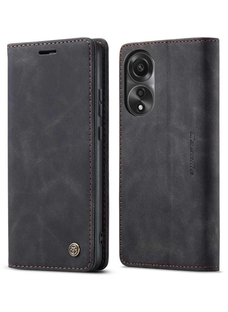 CaseMe Oppo A78 4G Wallet Case Book Folding Flip Folio Case with Magnetic Kickstand Card Slots Protective Cover - Black - Image 2