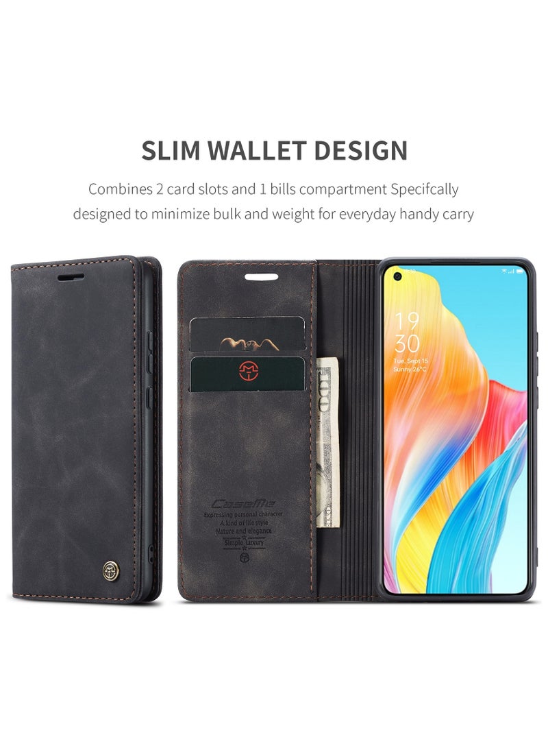 CaseMe Oppo A78 4G Wallet Case Book Folding Flip Folio Case with Magnetic Kickstand Card Slots Protective Cover - Black - Image 3