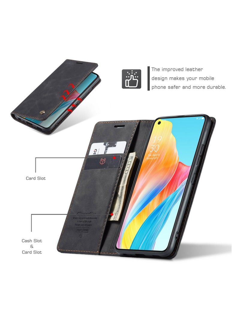 CaseMe Oppo A78 4G Wallet Case Book Folding Flip Folio Case with Magnetic Kickstand Card Slots Protective Cover - Black - Image 4