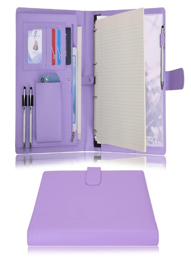 Wonderpool A4 PU Leather 4 Ring Holder Writing Portfolio Multi Document Case with Removable Binder Clipboard and Functional Pocket for Organizer Office Travel School (Purple) - Image 1