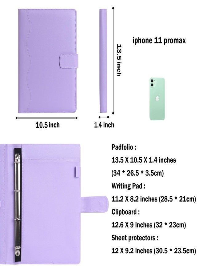 Wonderpool A4 PU Leather 4 Ring Holder Writing Portfolio Multi Document Case with Removable Binder Clipboard and Functional Pocket for Organizer Office Travel School (Purple) - Image 3