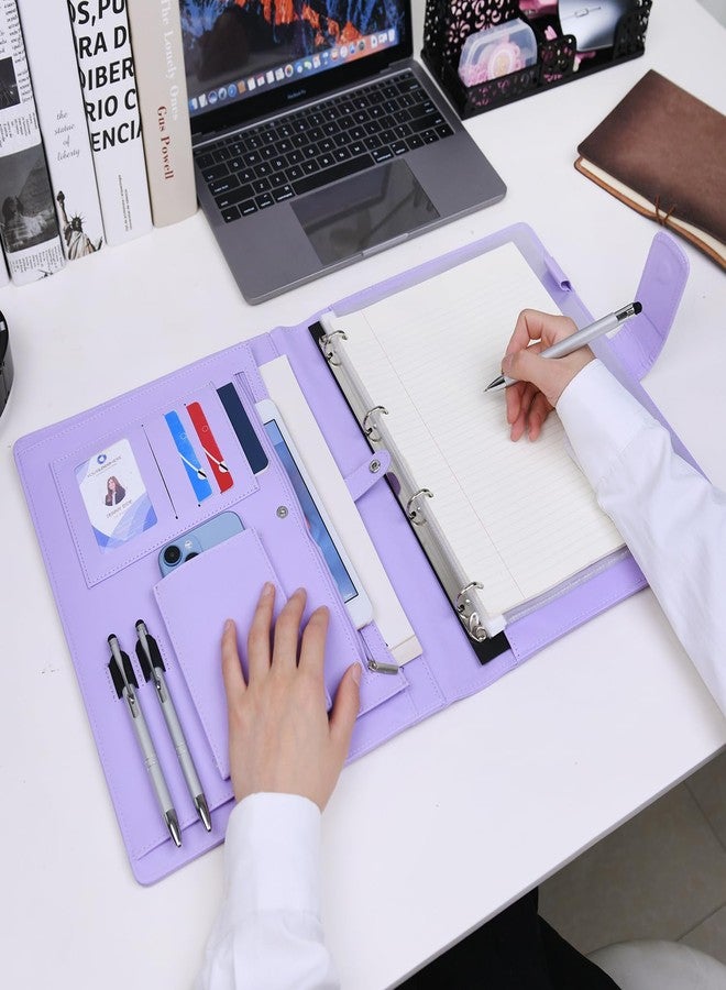 Wonderpool A4 PU Leather 4 Ring Holder Writing Portfolio Multi Document Case with Removable Binder Clipboard and Functional Pocket for Organizer Office Travel School (Purple) - Image 2