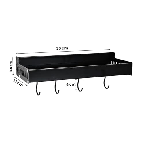 Boniry 30 CM Multipurpose Aluminum Bathroom Shelf with Movable Hooks & Towel Bar | Wall Shelf Bathroom Rack Ideal for Metal Bathroom and Kitchen Shelves (Black, 30 CM with 4 Hook) - Image 2