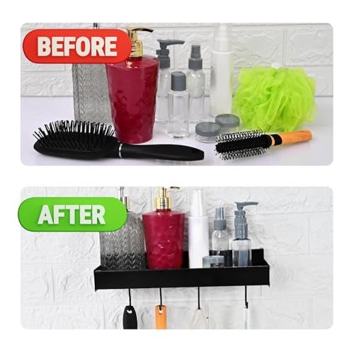 Boniry 30 CM Multipurpose Aluminum Bathroom Shelf with Movable Hooks & Towel Bar | Wall Shelf Bathroom Rack Ideal for Metal Bathroom and Kitchen Shelves (Black, 30 CM with 4 Hook) - Image 4