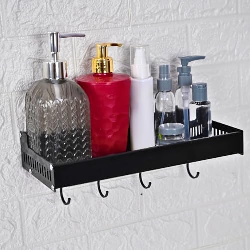 Boniry 30 CM Multipurpose Aluminum Bathroom Shelf with Movable Hooks & Towel Bar | Wall Shelf Bathroom Rack Ideal for Metal Bathroom and Kitchen Shelves (Black, 30 CM with 4 Hook) - Image 1
