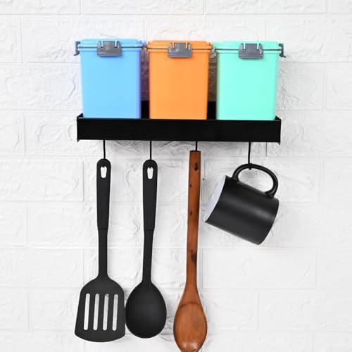 Boniry 30 CM Multipurpose Aluminum Bathroom Shelf with Movable Hooks & Towel Bar | Wall Shelf Bathroom Rack Ideal for Metal Bathroom and Kitchen Shelves (Black, 30 CM with 4 Hook) - Image 5