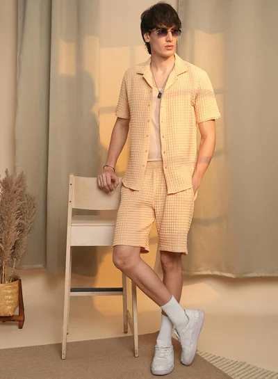 Campus Sutra Men's Canvas Beige Waffle-Textured Co-Ord Set