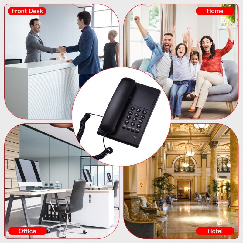 Black Corded Landline Phone Switchable Tone Pulse Dialing - LED Ringer Indication Adjustable Volume Control Desk Telephone for Home Office Hotel Use - Image 3