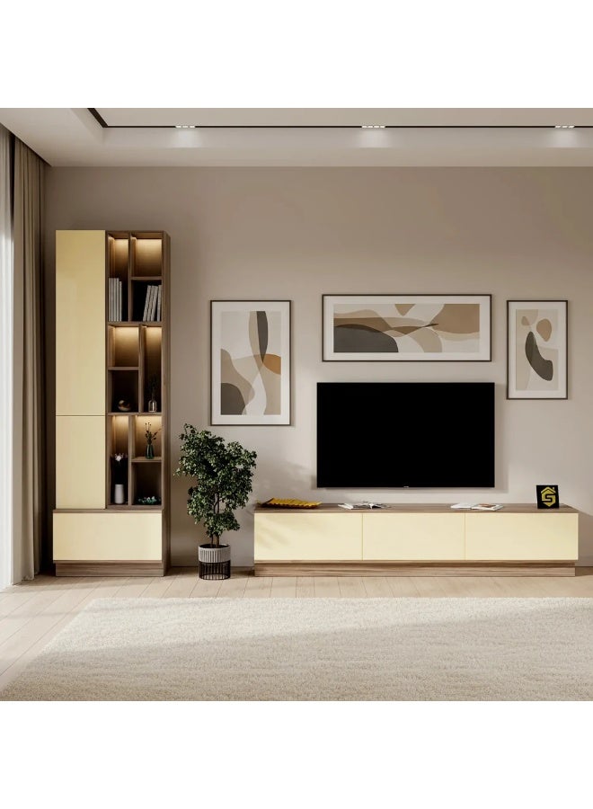 Stylish Home Beige EX TV wall table, 4 pieces, including shelves and lighting - model 61 40x280x226 cm - Image 2