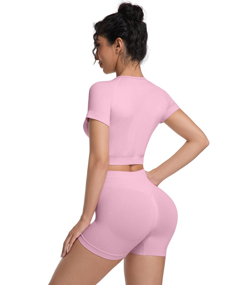 OVESPORT 2 Piece Workout Sets for Women Impact Crop Top Shirts and Seamless Gym Shorts Outfits - Image 2