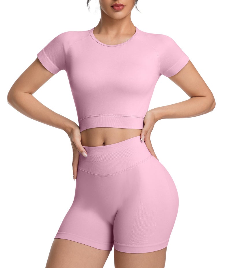 OVESPORT 2 Piece Workout Sets for Women Impact Crop Top Shirts and Seamless Gym Shorts Outfits - Image 1