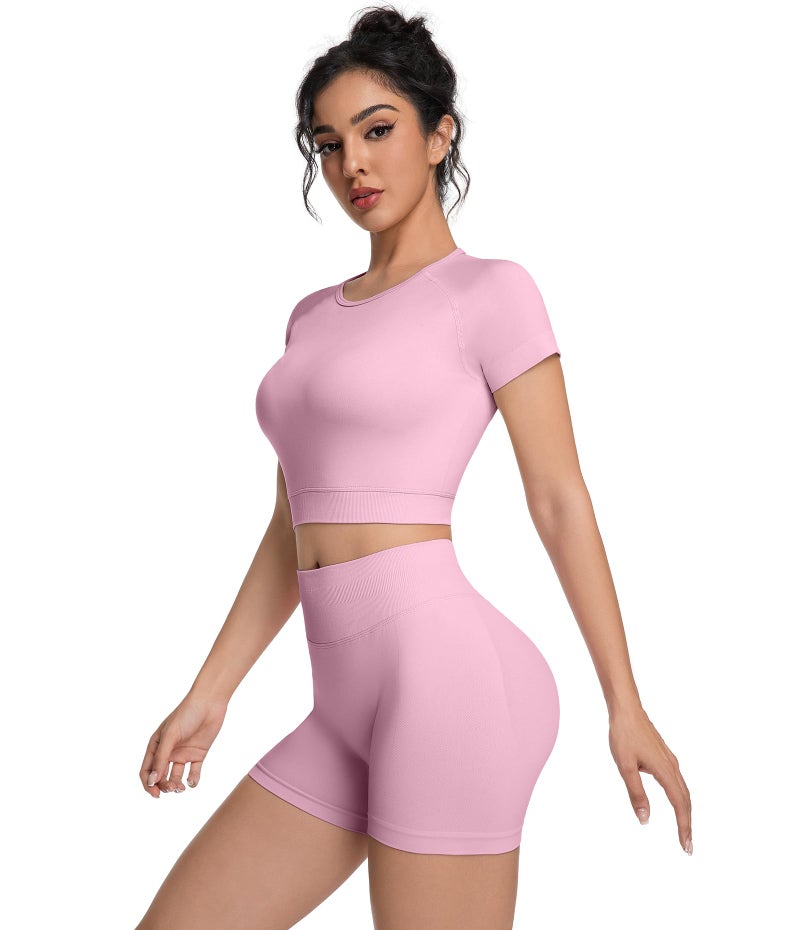 OVESPORT 2 Piece Workout Sets for Women Impact Crop Top Shirts and Seamless Gym Shorts Outfits - Image 4