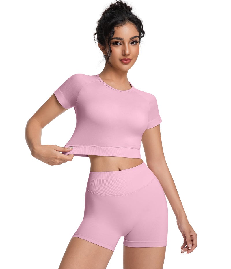 OVESPORT 2 Piece Workout Sets for Women Impact Crop Top Shirts and Seamless Gym Shorts Outfits - Image 5