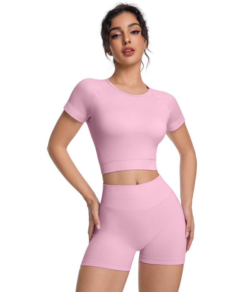 OVESPORT 2 Piece Workout Sets for Women Impact Crop Top Shirts and Seamless Gym Shorts Outfits - Image 3