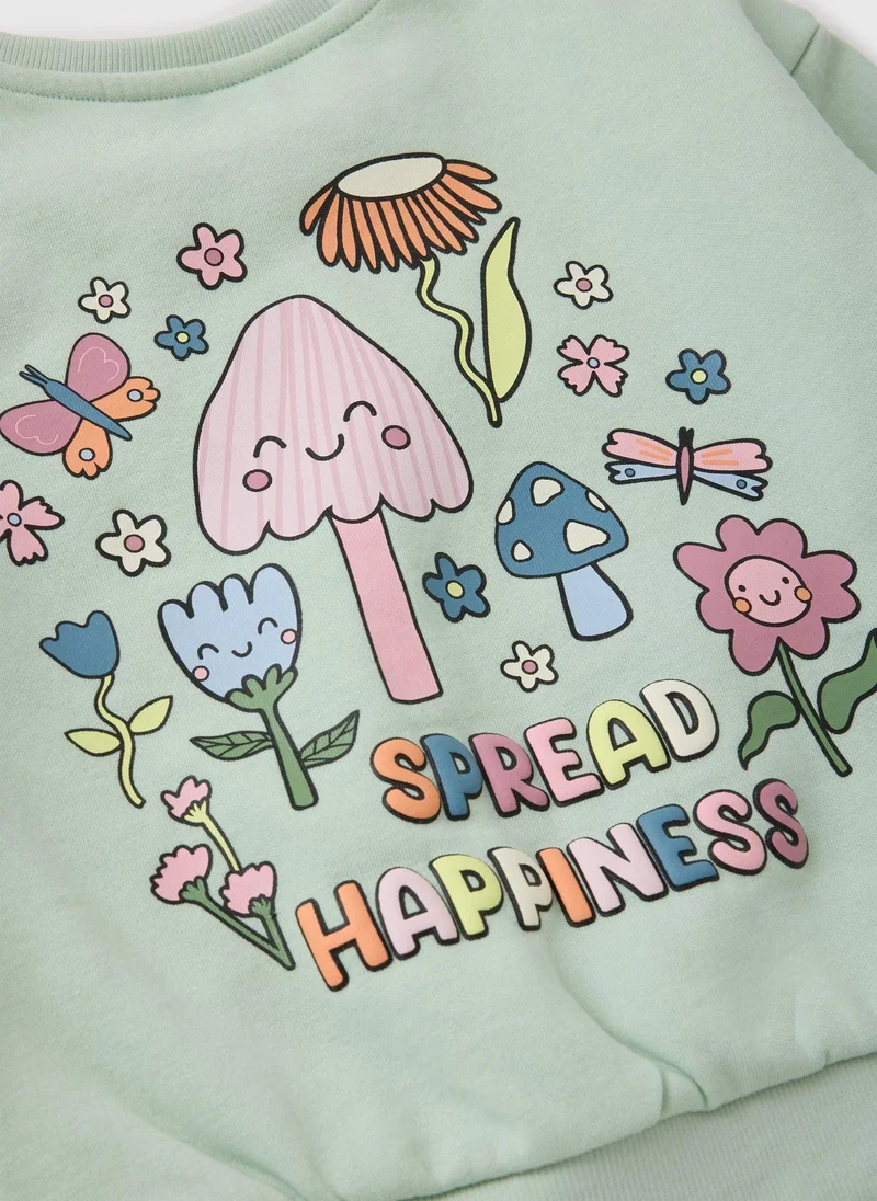 Matalan Girls Sage Mushroom Happiness Sweatshirt & Jogging Bottom Set